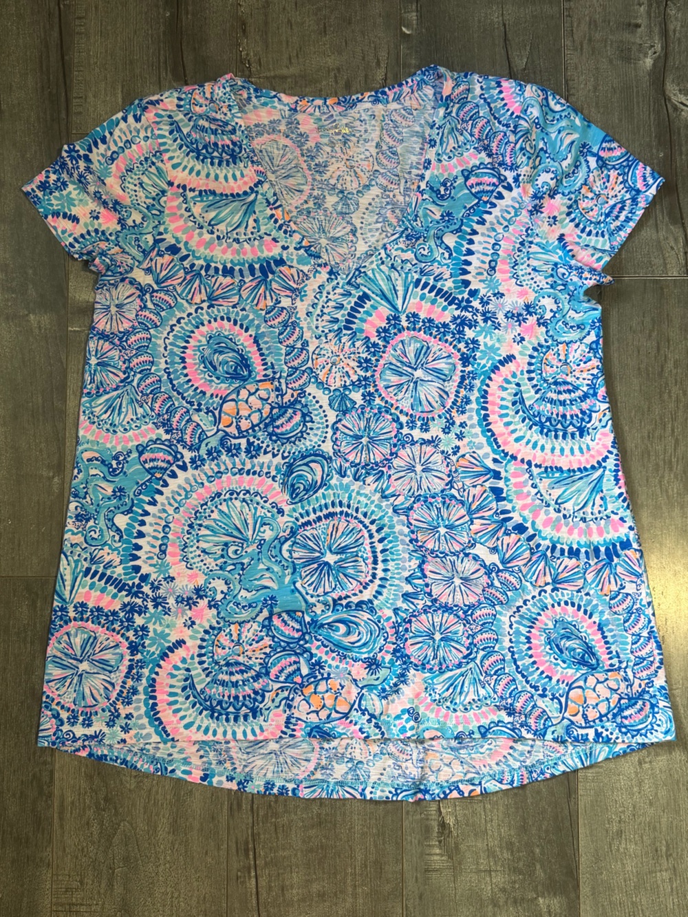 Lilly Pulitzer Etta V-Neck Shirt Women Large Blue Grotto Commotion In The Ocean